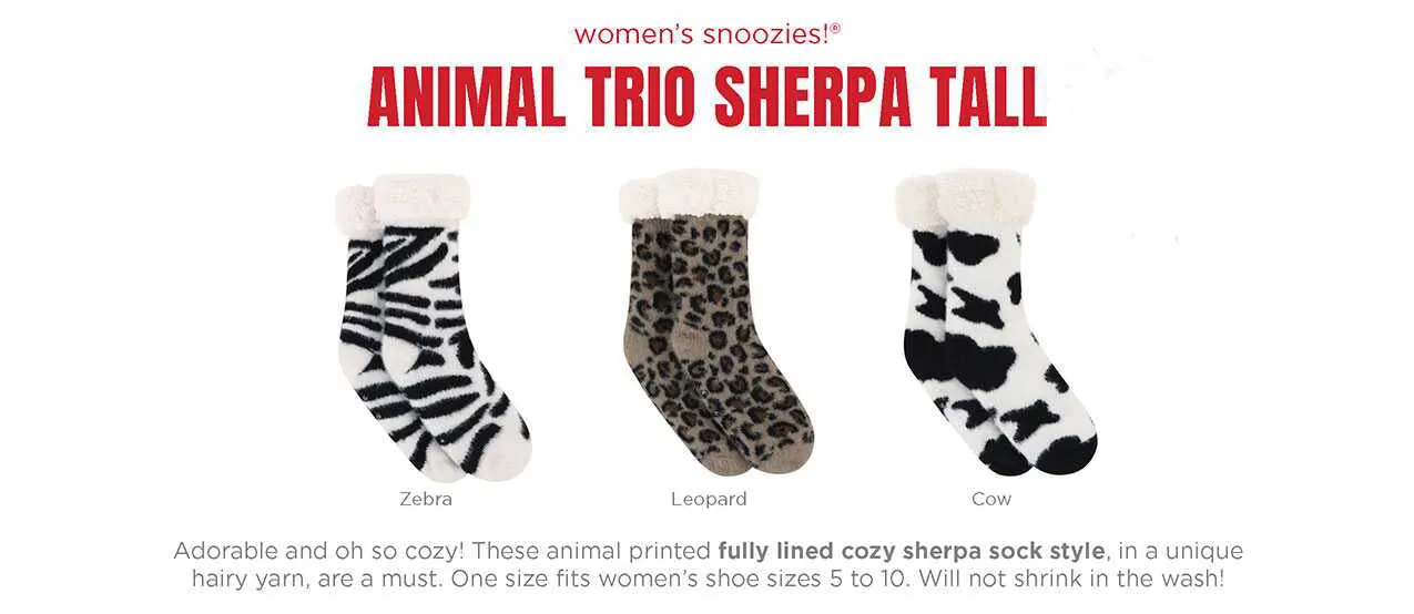 Snoozies! Women's Animal Trop Sherpa Tall Socks | Choice of 3 Animal Prints