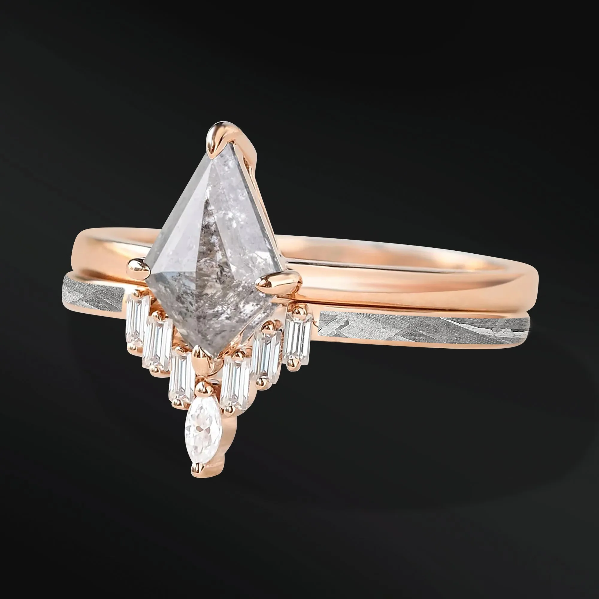 SOFIA - 14K GOLD or Sterling silver Bridal SET | NATURAL METEORITE Engagement Ring | KITE GALAXY DIAMOND RING