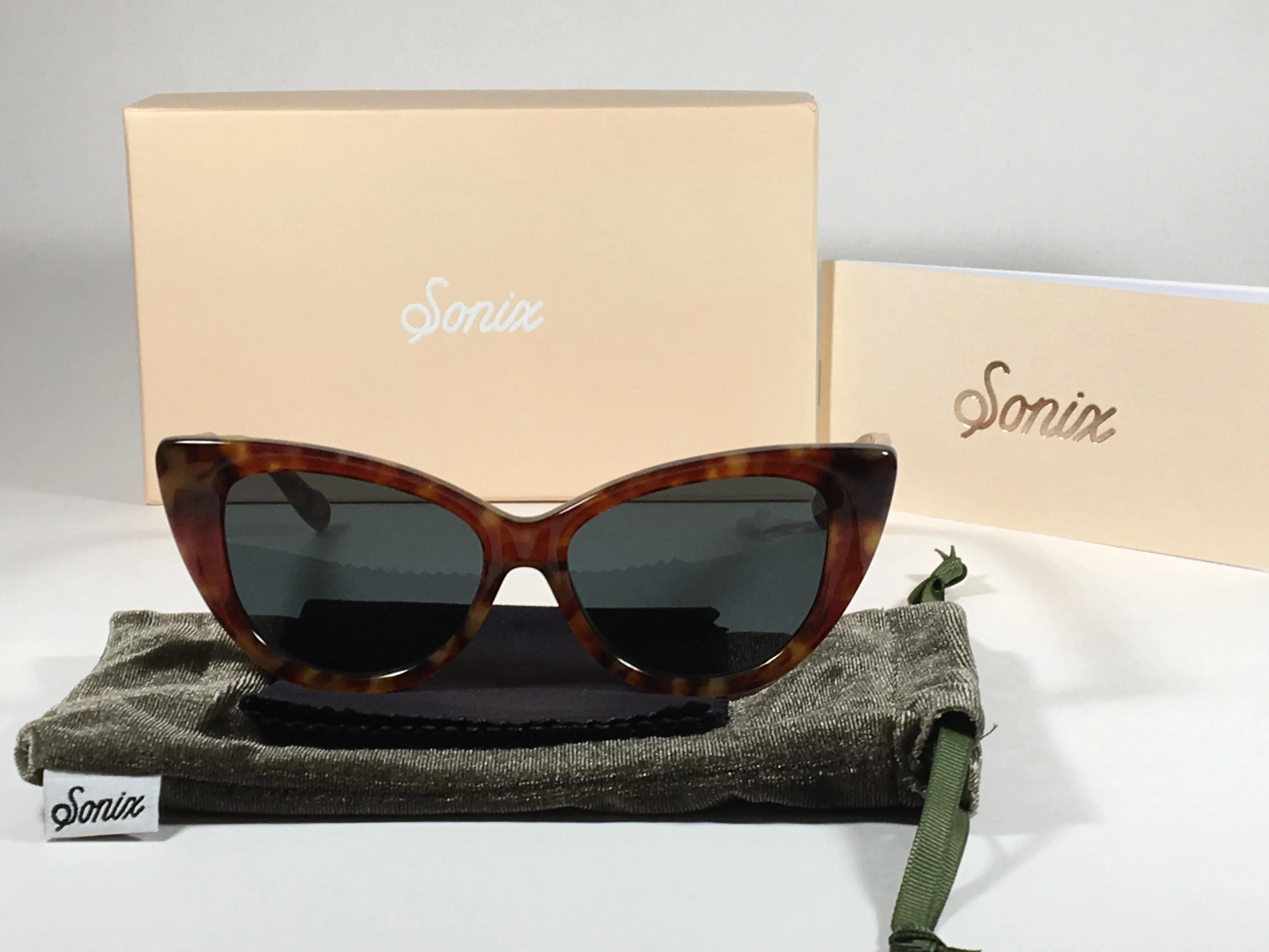 Sonix KYOTO 501-26-012 Sunglasses Women's Cat Eye Brown Tawny Tortoise Frame Green Solid Lens