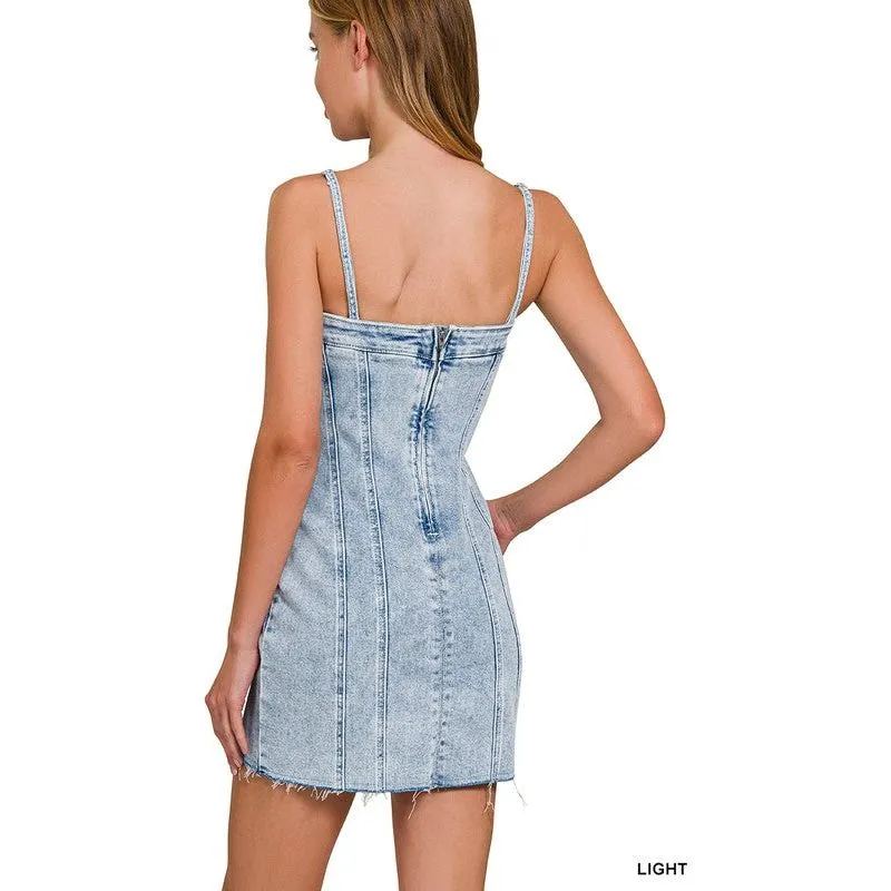 Spaghetti Strap Exposed Seam Light-Wash Dress