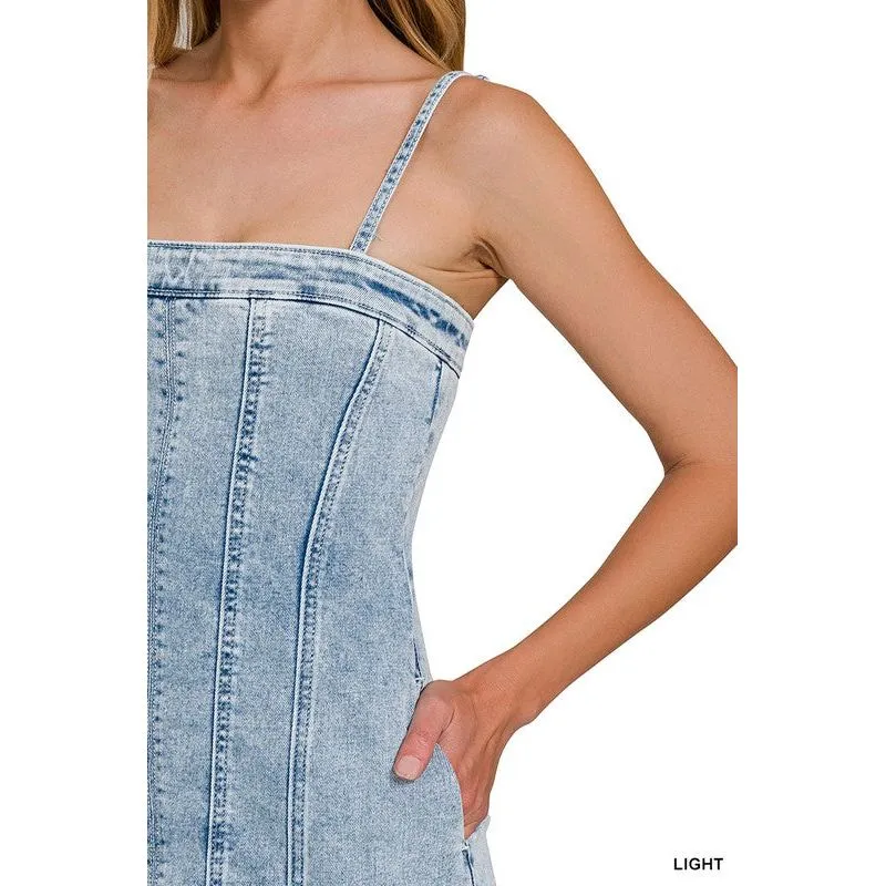 Spaghetti Strap Exposed Seam Light-Wash Dress