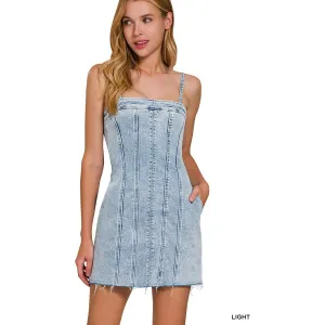 Spaghetti Strap Exposed Seam Light-Wash Dress