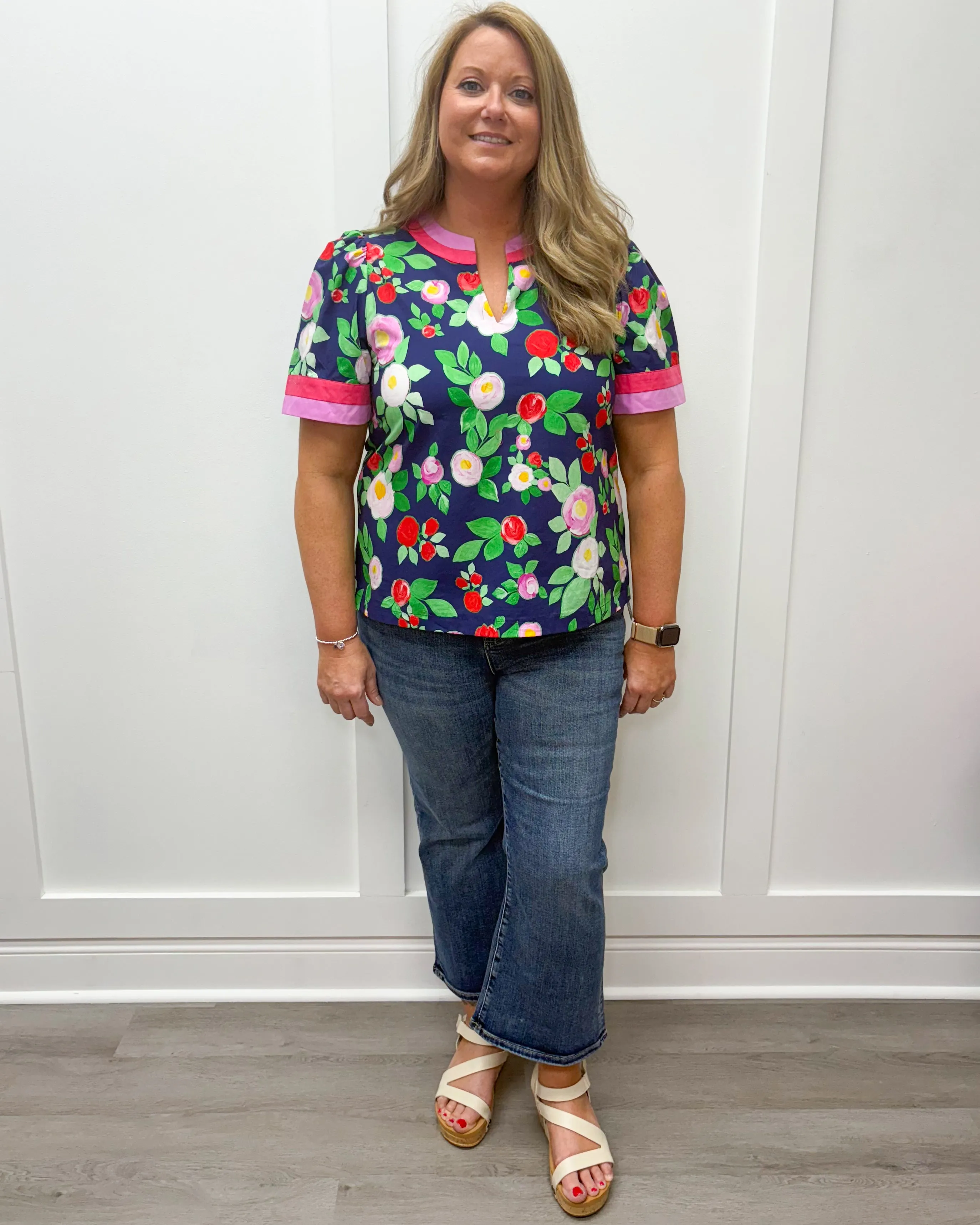 Spring Charm Top - Navy w/ Pink and Red Florals