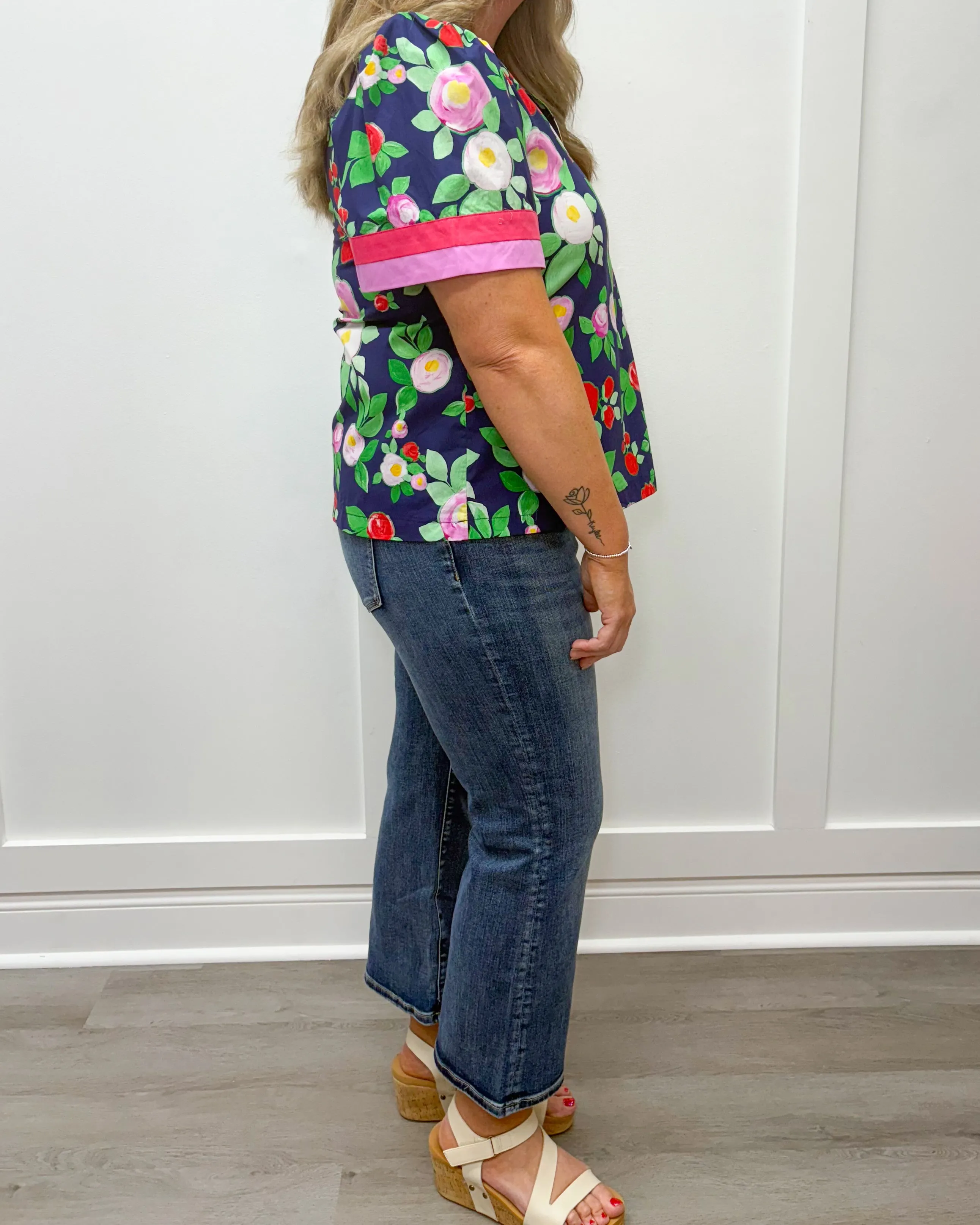 Spring Charm Top - Navy w/ Pink and Red Florals