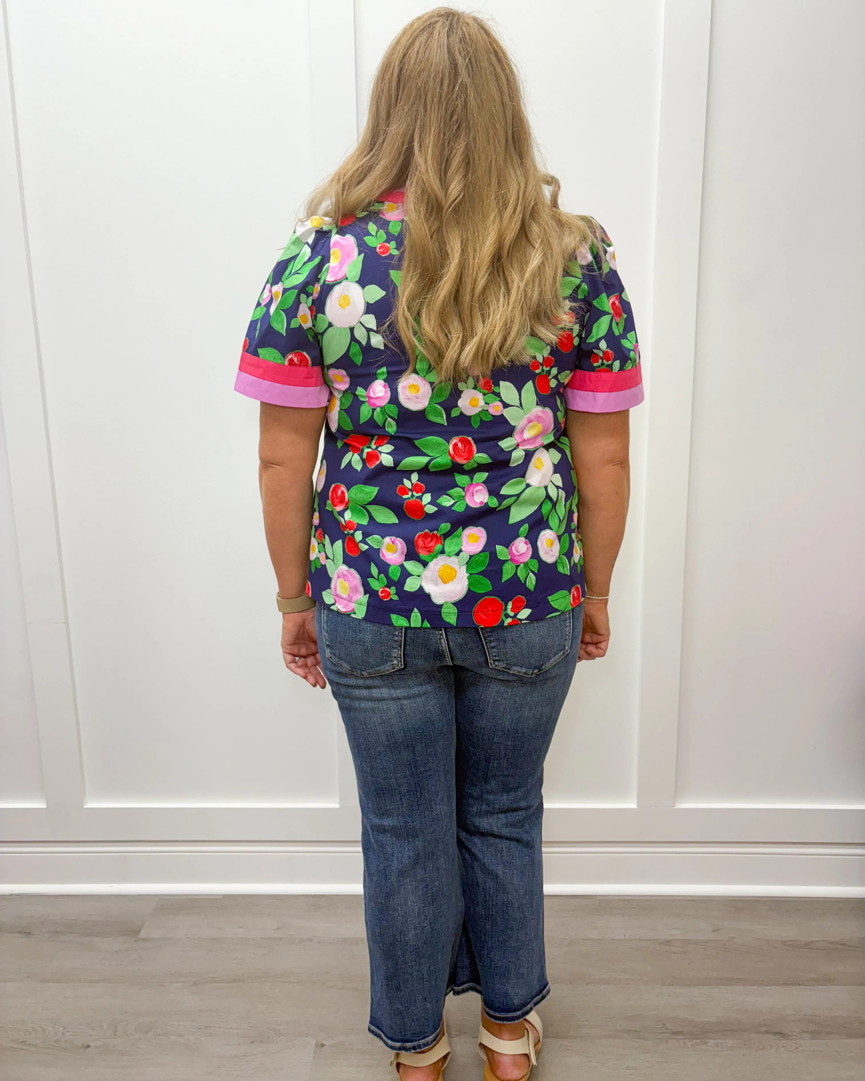 Spring Charm Top - Navy w/ Pink and Red Florals