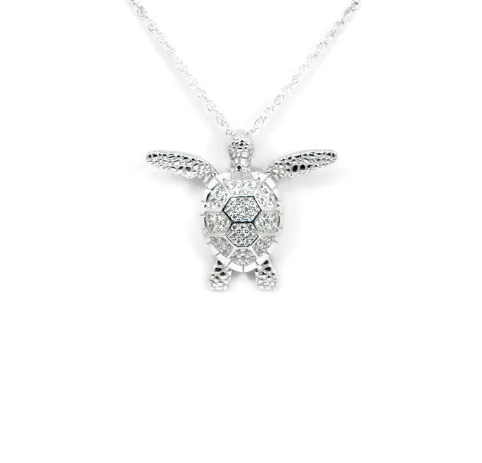 Sterling Silver Alamea Pave CZ Swimming Sea Turtle Pendant