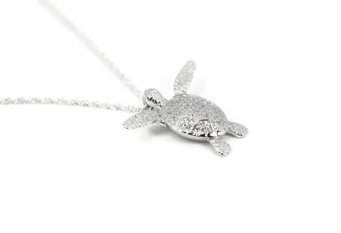 Sterling Silver Alamea Pave CZ Swimming Sea Turtle Pendant