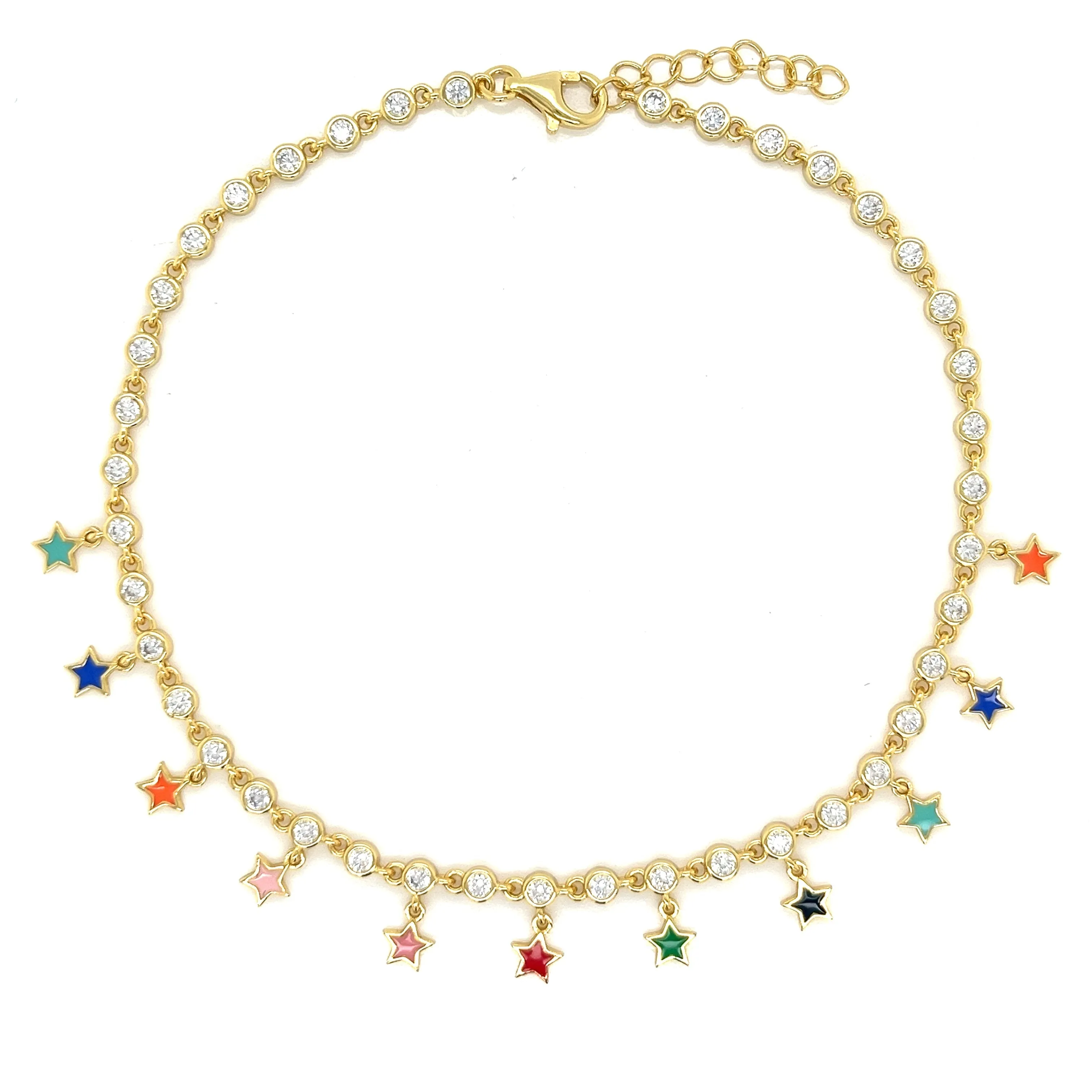 Sterling Silver Colored Enamel 9" Fashionable Dangling Star Anklets  -  C3126109