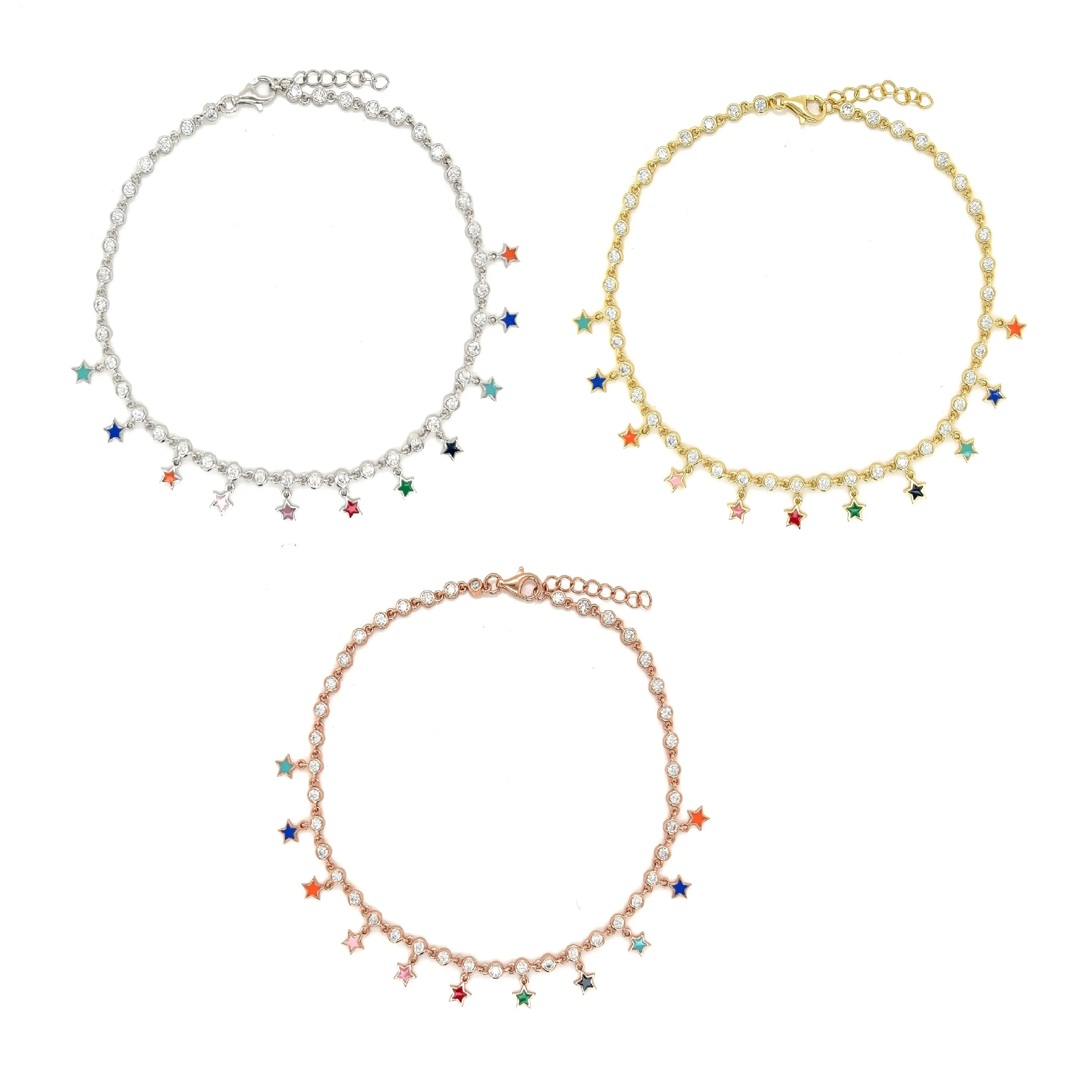 Sterling Silver Colored Enamel 9" Fashionable Dangling Star Anklets  -  C3126109