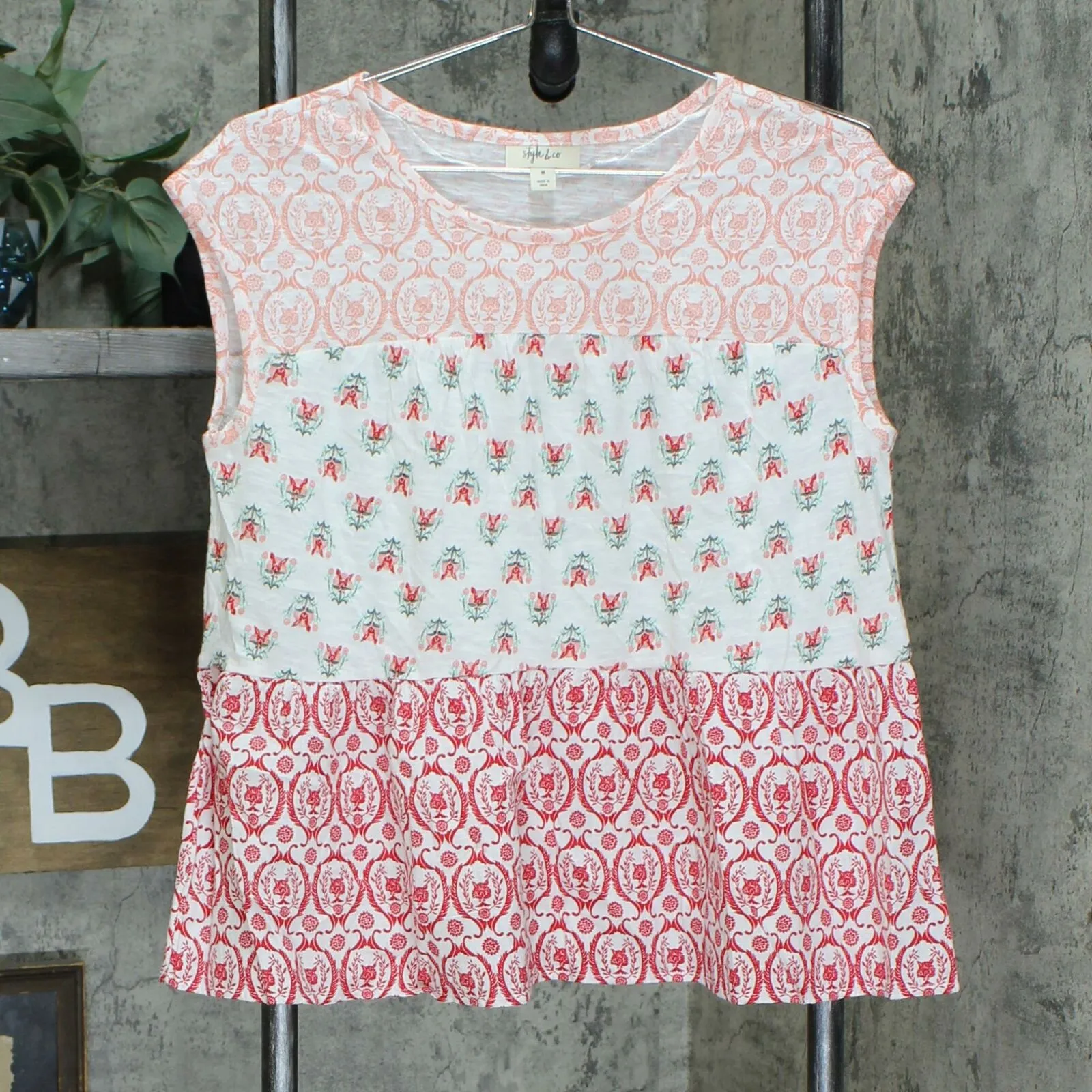 Style & Co. Women's Cotton Tiered Printed Top Spring Embrace Medium