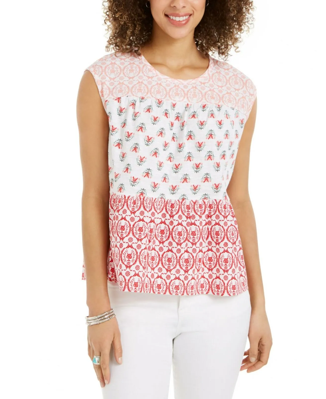 Style & Co. Women's Cotton Tiered Printed Top Spring Embrace Medium