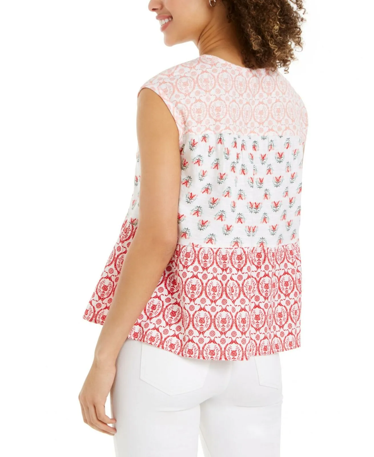 Style & Co. Women's Cotton Tiered Printed Top Spring Embrace Medium
