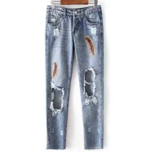 Stylish Low Waist Ripped Leather Embroidery Women's Jeans - Blue Gray Xl