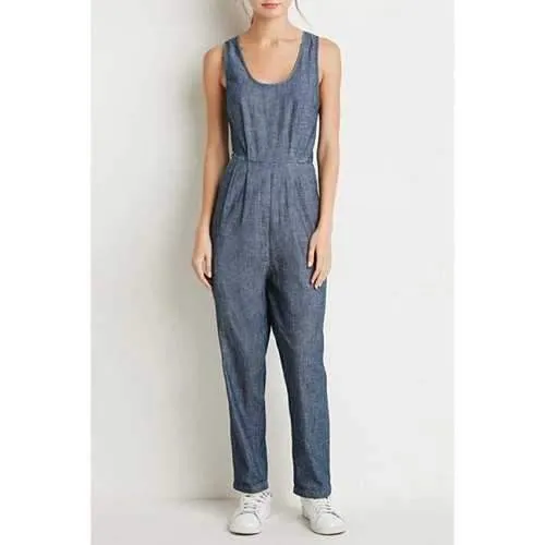Stylish Scoop Neck Sleeveless Pure Color Women's Jumpsuit - Blue Xl
