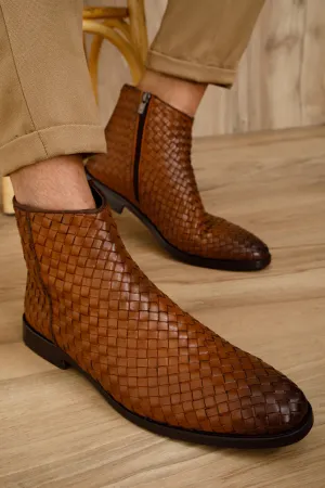 Tan Handwoven Leather Braided Men Boot with a Zipper - Boots