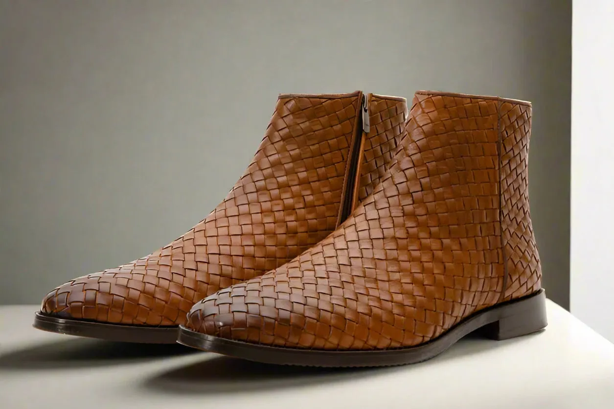 Tan Handwoven Leather Braided Men Boot with a Zipper - Boots