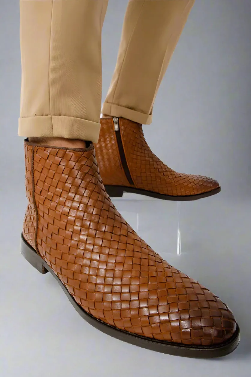 Tan Handwoven Leather Braided Men Boot with a Zipper - Boots