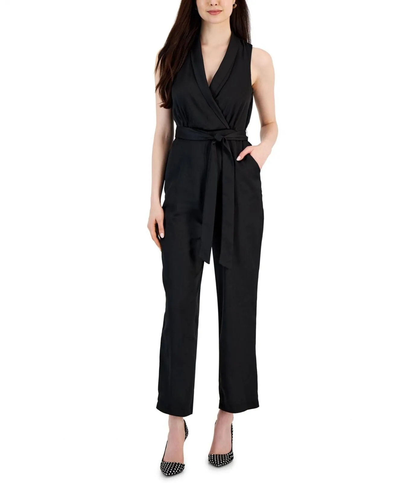 Taylor Women's V-Neck Tie-Waist Scuba Crepe Jumpsuit 3082M Black 6