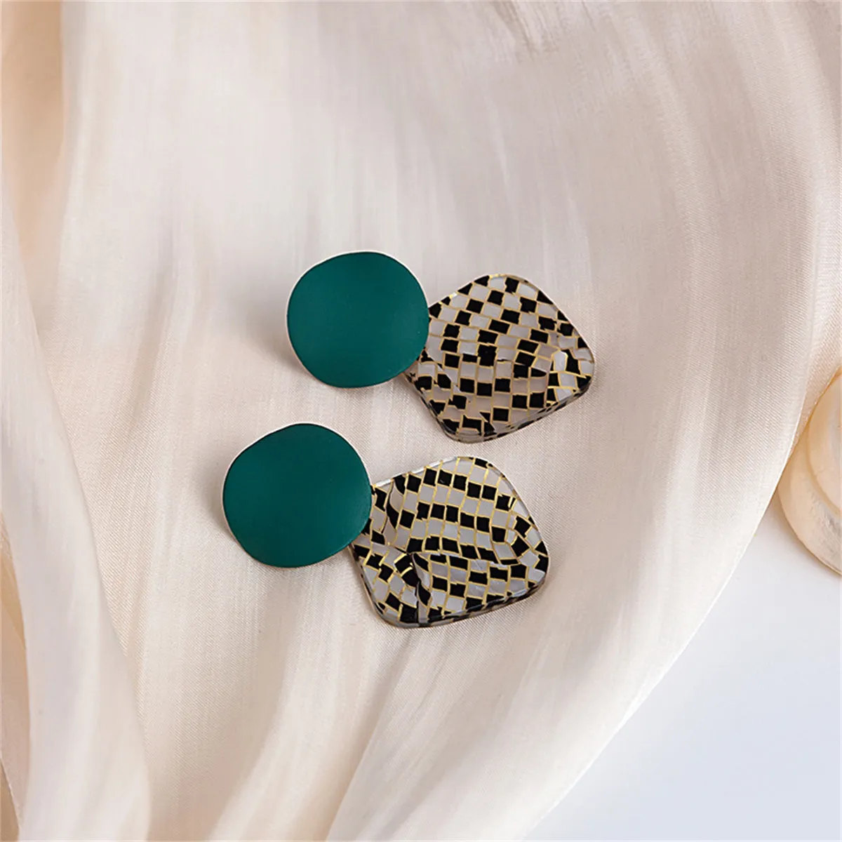 Teal Enamel & Acrylic Silver-Plated Round Rhombus Drop Earrings