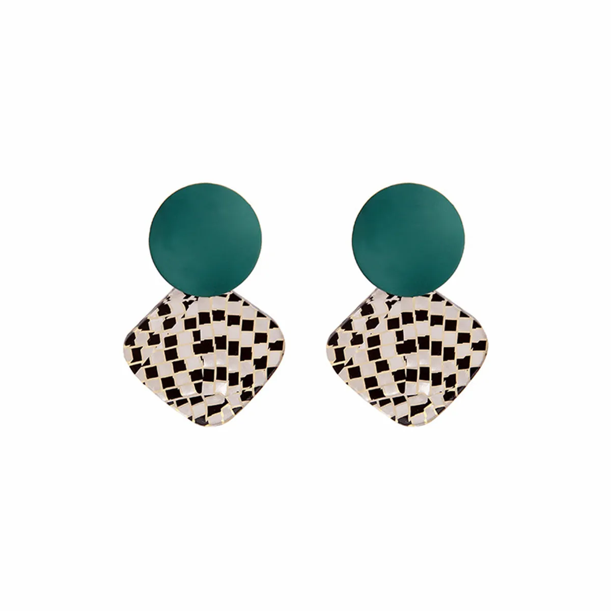Teal Enamel & Acrylic Silver-Plated Round Rhombus Drop Earrings