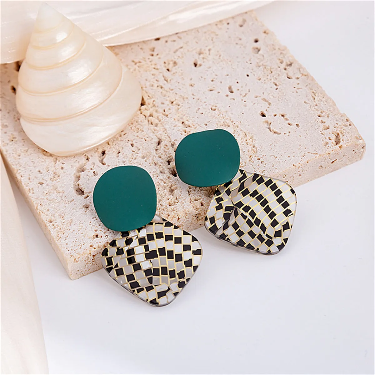 Teal Enamel & Acrylic Silver-Plated Round Rhombus Drop Earrings
