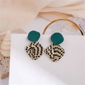 Teal Enamel & Acrylic Silver-Plated Round Rhombus Drop Earrings