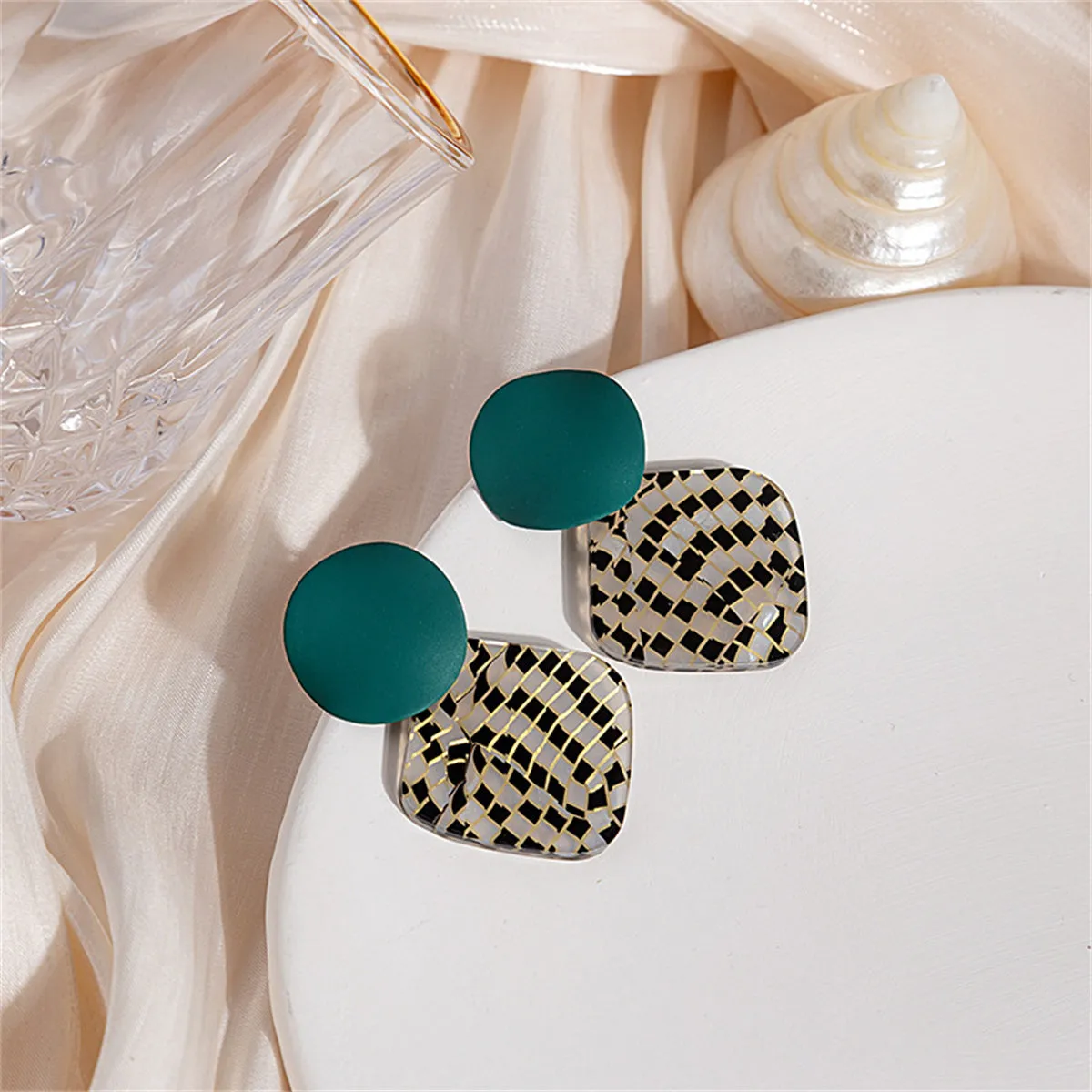 Teal Enamel & Acrylic Silver-Plated Round Rhombus Drop Earrings