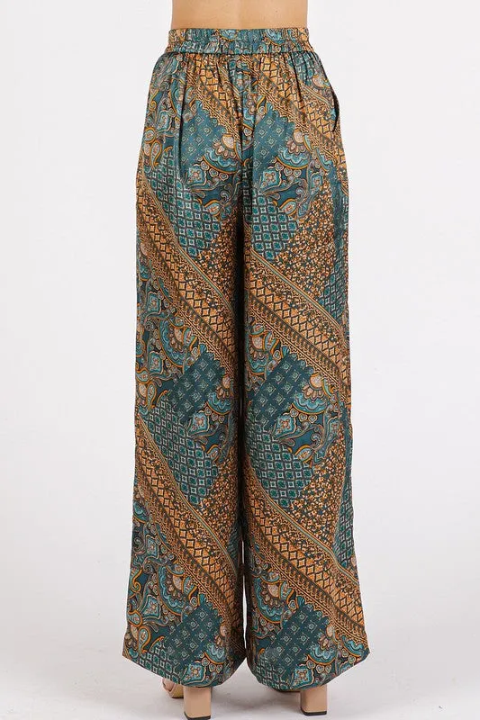 Teal Green Paisley Patchwork Print Satin Wide Leg Pants