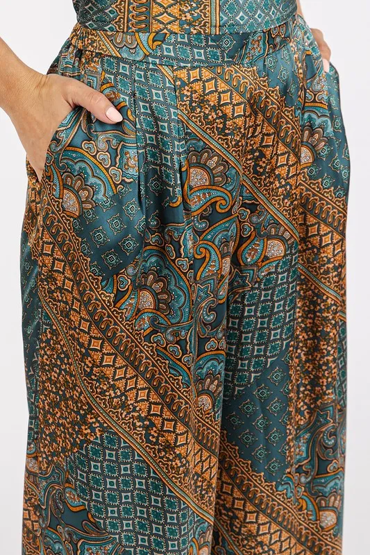 Teal Green Paisley Patchwork Print Satin Wide Leg Pants