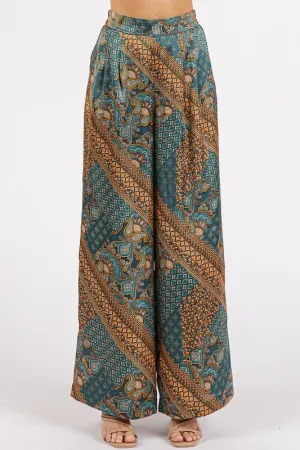 Teal Green Paisley Patchwork Print Satin Wide Leg Pants