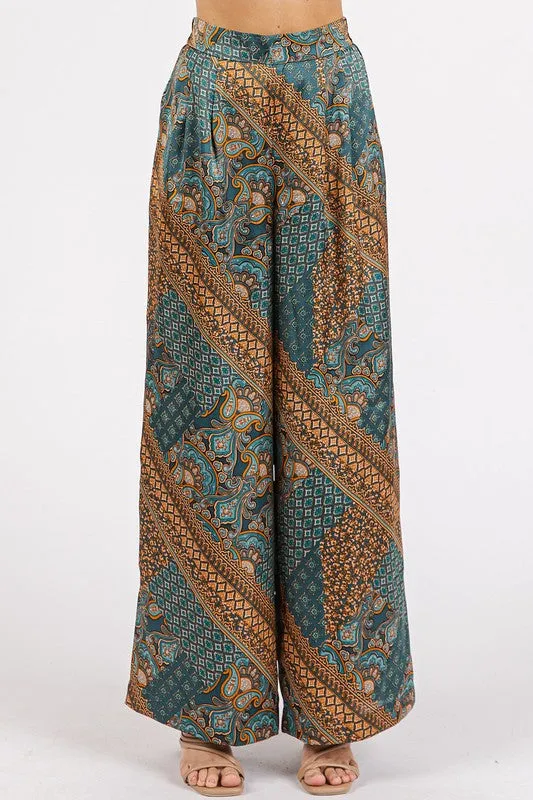 Teal Green Paisley Patchwork Print Satin Wide Leg Pants