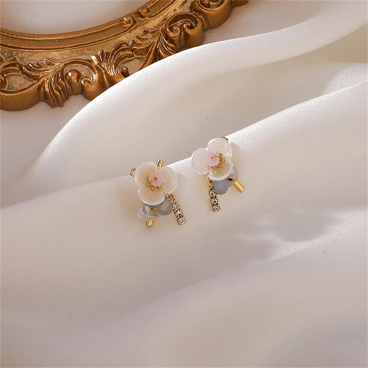 Teal Howlite & Cubic Zirconia Flower Stud Earrings
