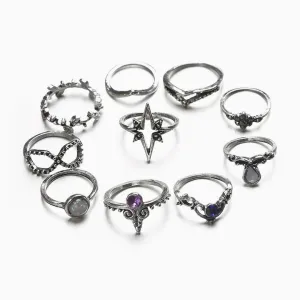 The Boho Weekend Multi Mix Rhinestone Embellished Ring Set - Silver