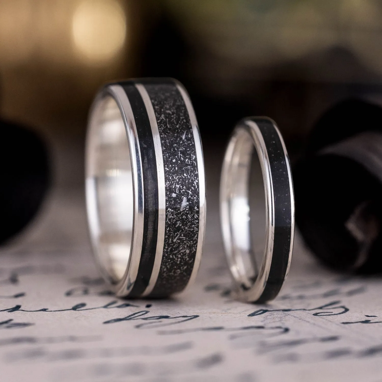 The Dark Star & Obsidian - Celestial Black and Silver Wedding Ring Set