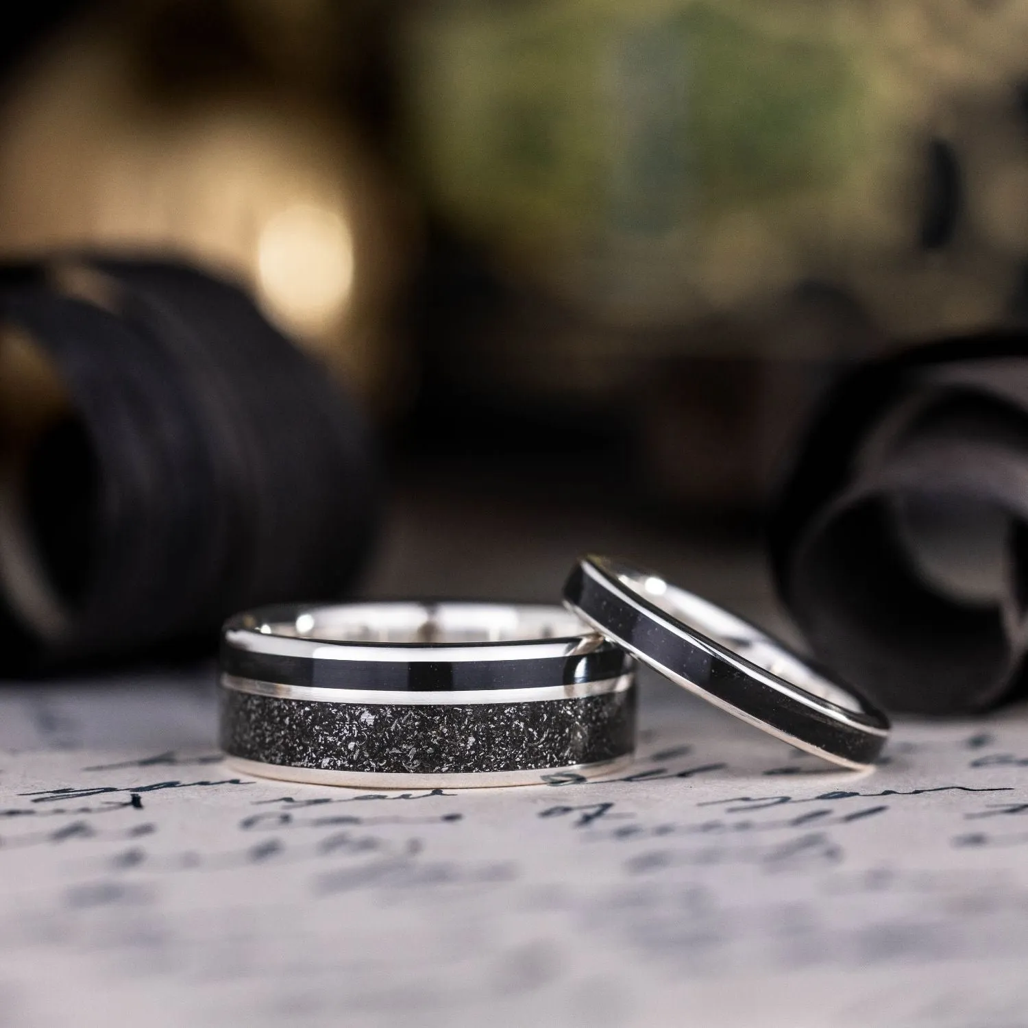 The Dark Star & Obsidian - Celestial Black and Silver Wedding Ring Set
