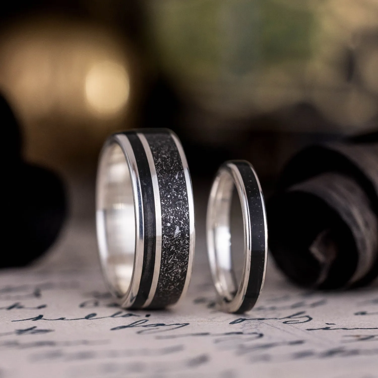The Dark Star & Obsidian - Celestial Black and Silver Wedding Ring Set