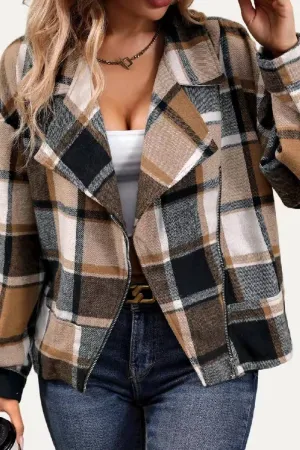 The Moment Collection Chic Classic Plaid Collared Neck Asymmetrical Zipper Shacket