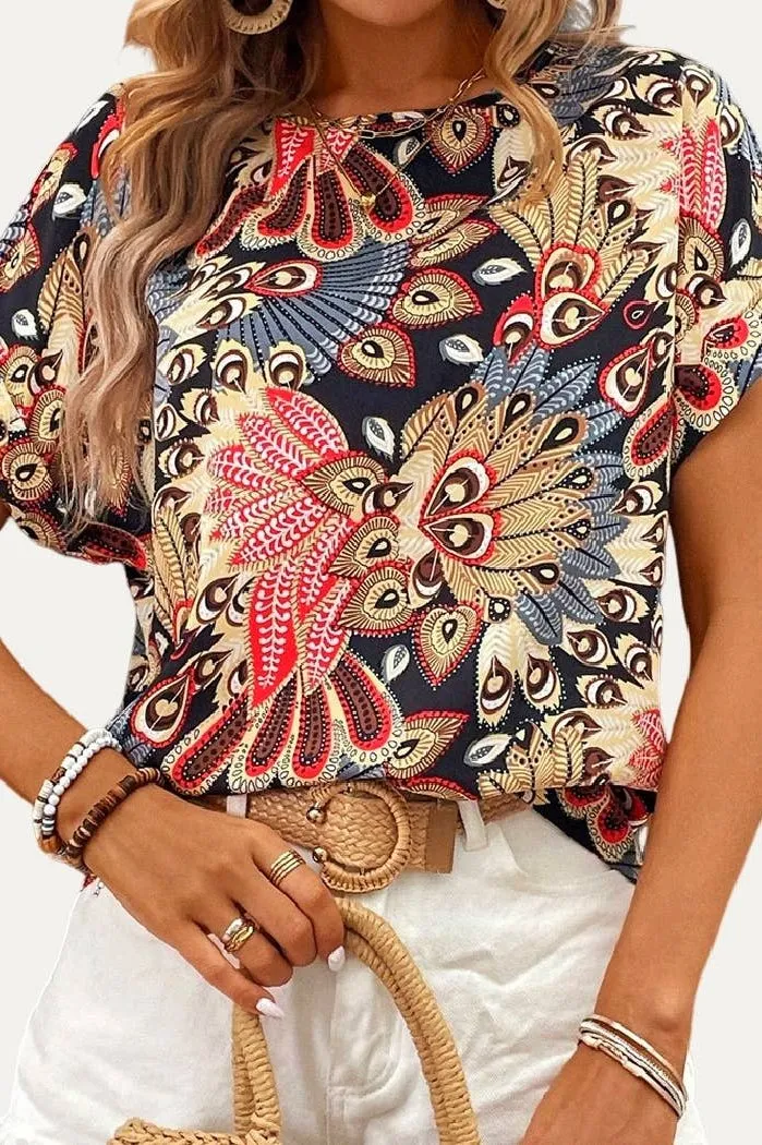 The Moment Collection Chic Floral Print Round Neck Short Sleeve Top