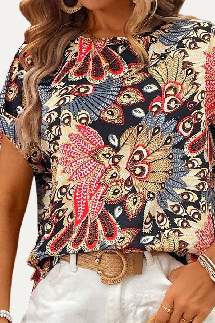The Moment Collection Chic Floral Print Round Neck Short Sleeve Top