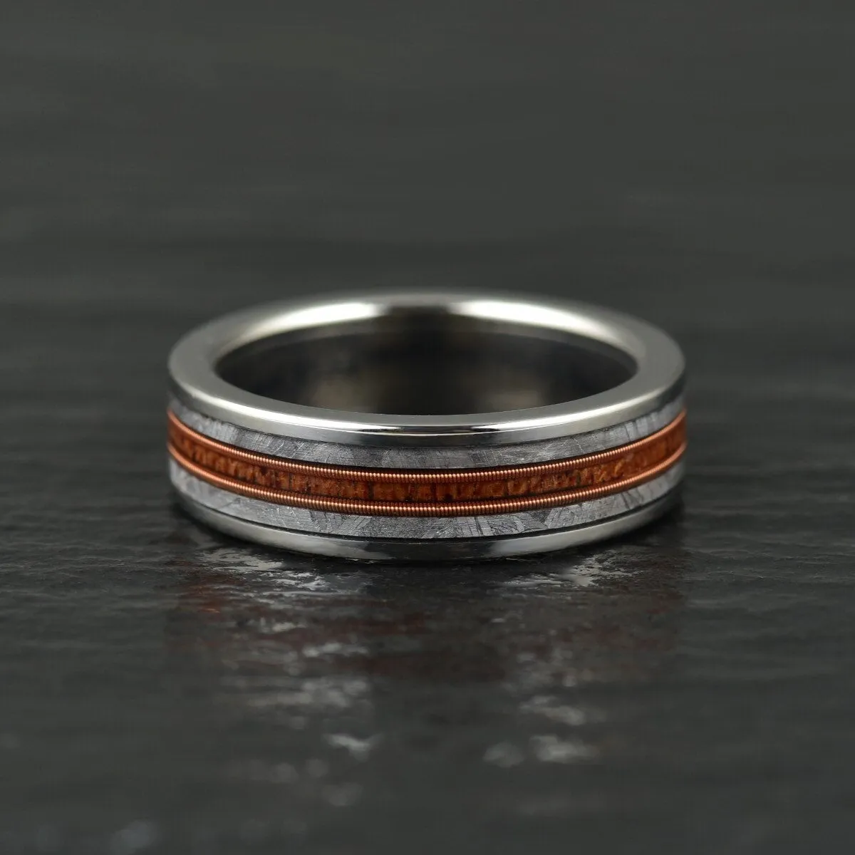 The Spartan Ring - Tungsten Meteorite Whiskey Barrel Guitar String Women's Wedding Band 6MM