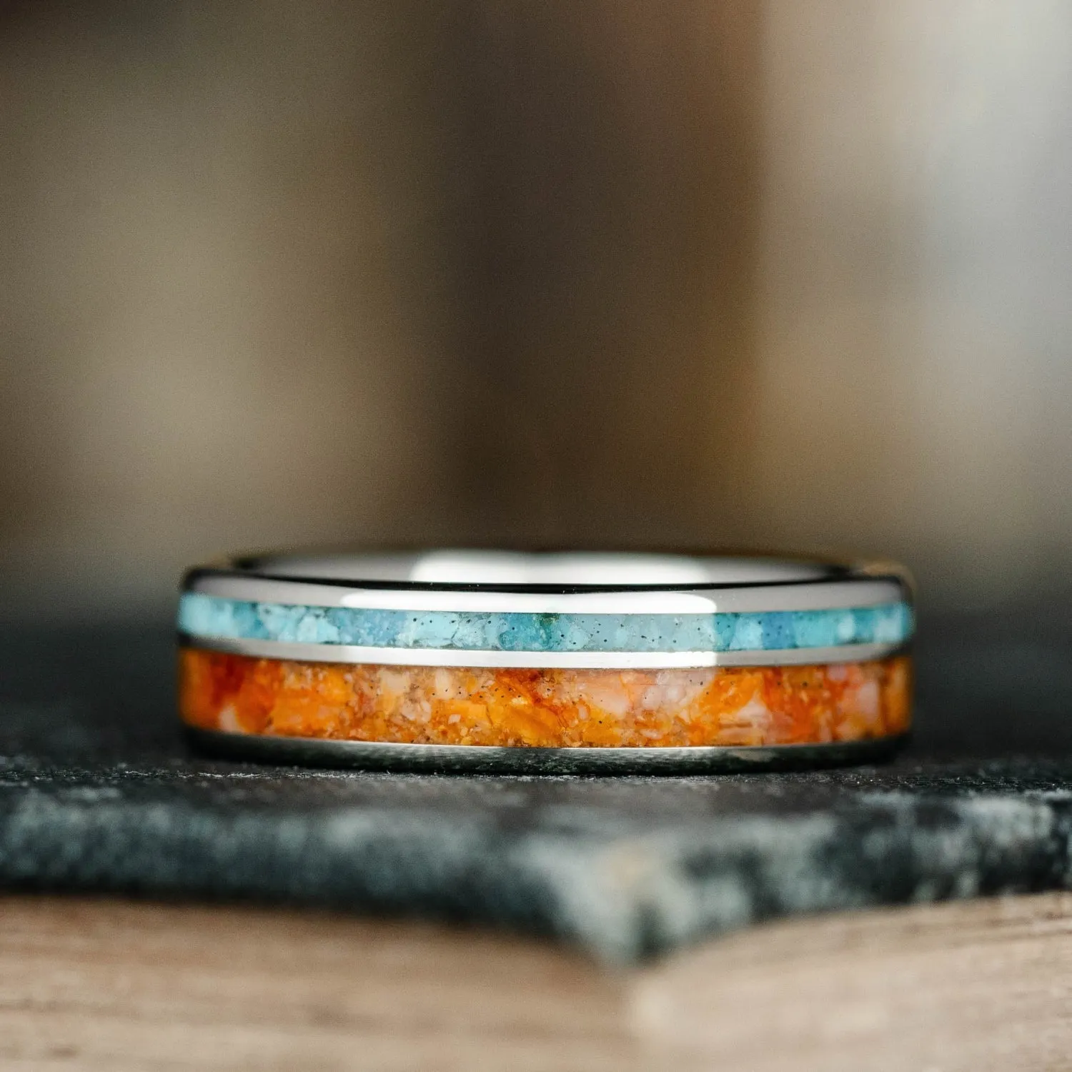 The Sundancer | Women's Gold Turquoise Wedding Band with Oyster Shell