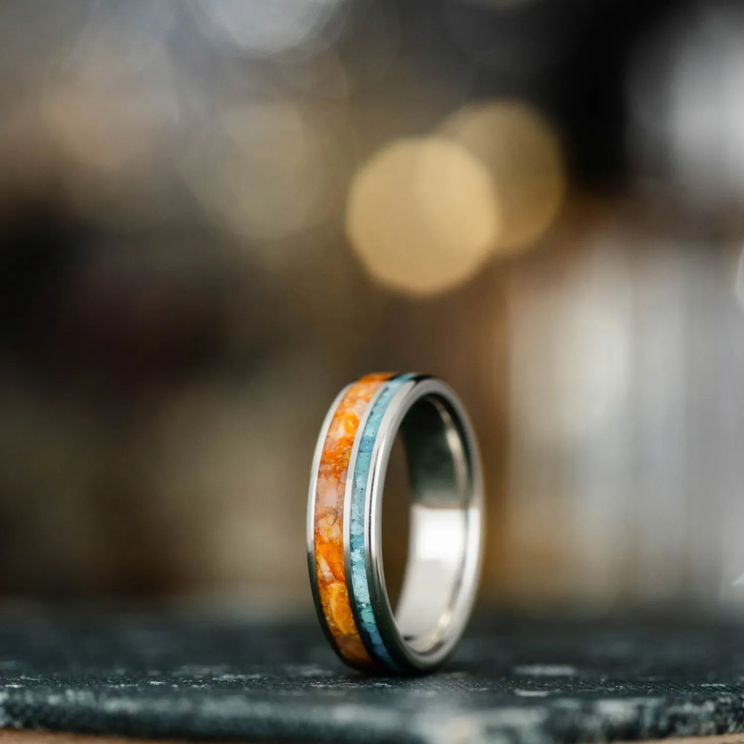 The Sundancer | Women's Gold Turquoise Wedding Band with Oyster Shell