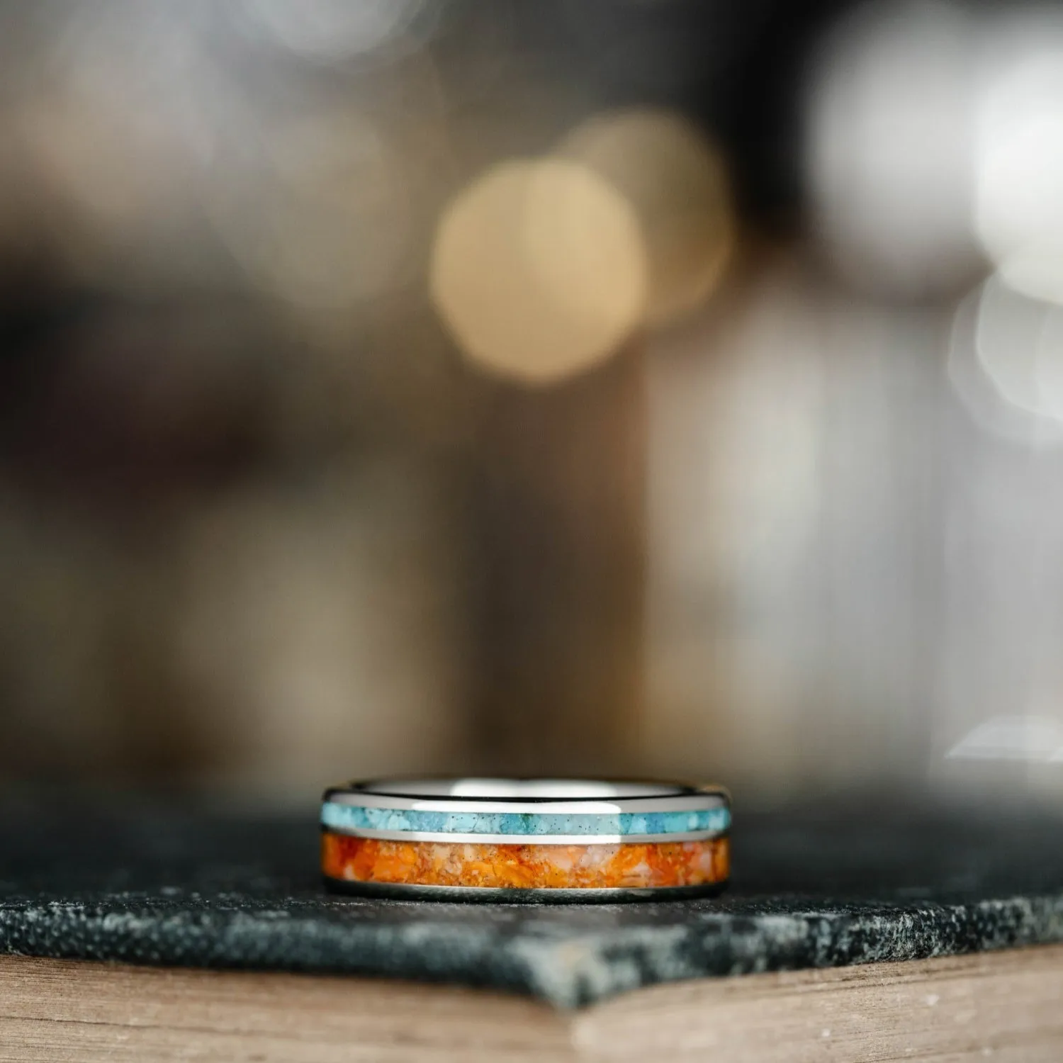 The Sundancer | Women's Gold Turquoise Wedding Band with Oyster Shell