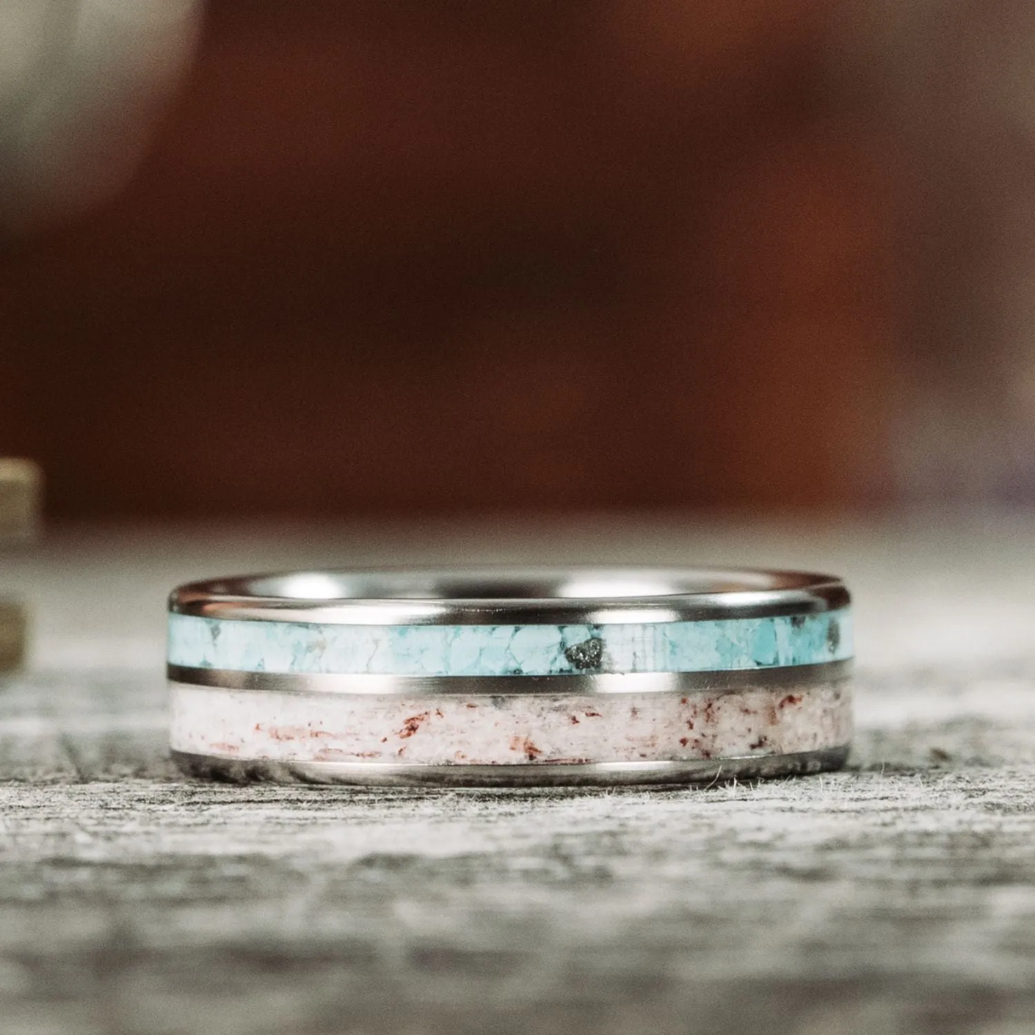 The Wapiti | Women's Titanium Wedding Band with Elk Antler and Turquoise