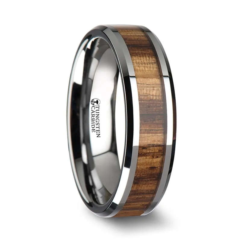 Thorsten Palmaletto Tungsten Carbide Ring w/ Beveled Edges & Real Zebra Wood Inlay (6-10mm) W1896-ZBWI