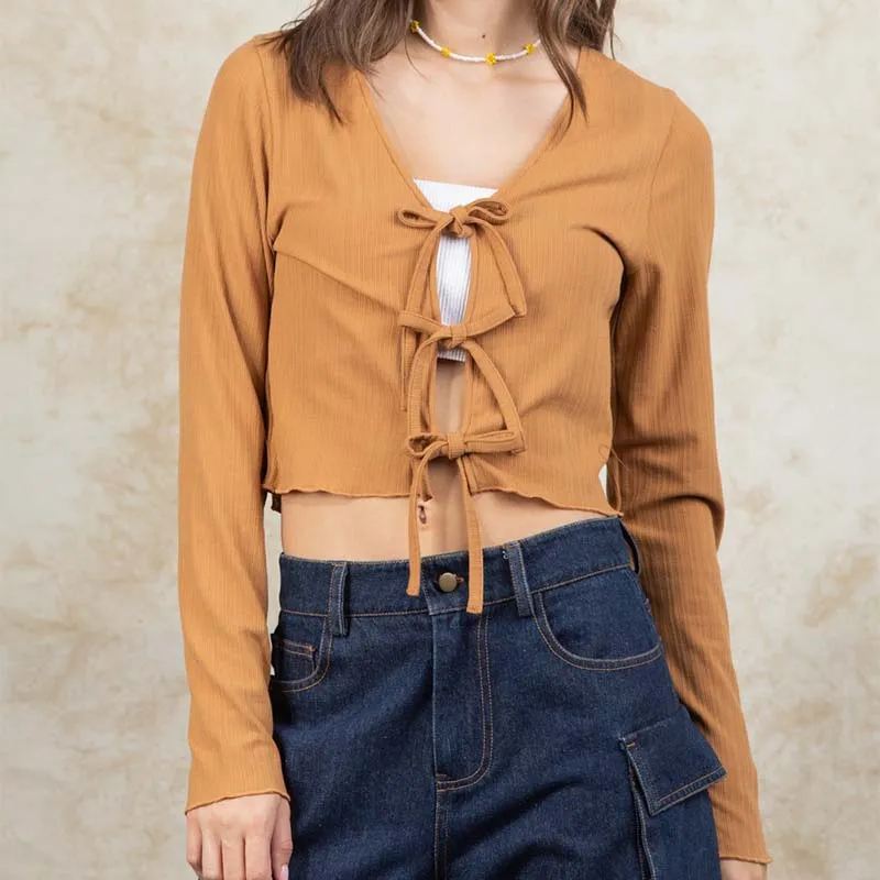 Tie Front Long Sleeve Crop Top