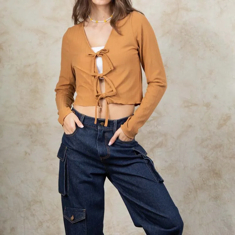 Tie Front Long Sleeve Crop Top