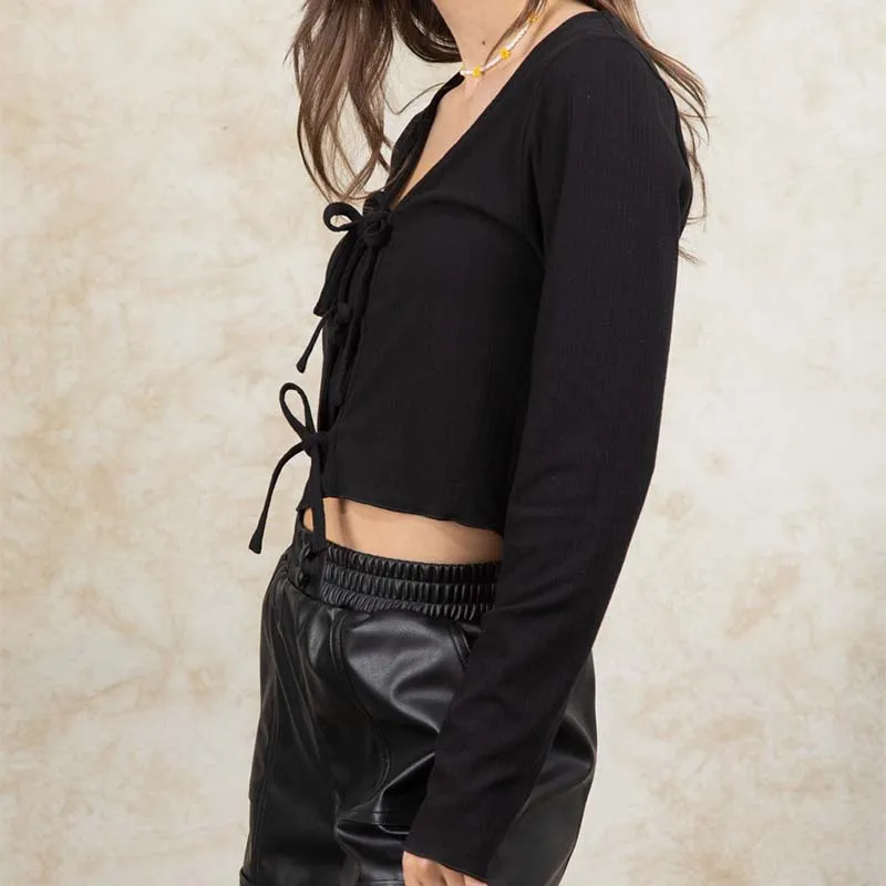 Tie Front Long Sleeve Crop Top