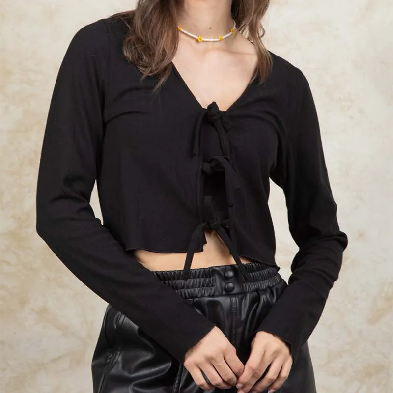 Tie Front Long Sleeve Crop Top
