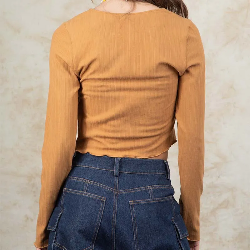 Tie Front Long Sleeve Crop Top